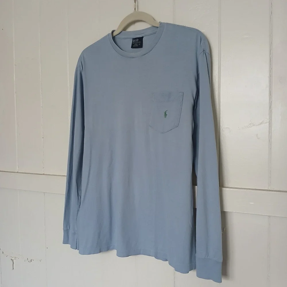 Vintage Polo Ralph‎ Lauren T-Shirt Long Sleeve Pocket Pony Logo Men's Small Blue
